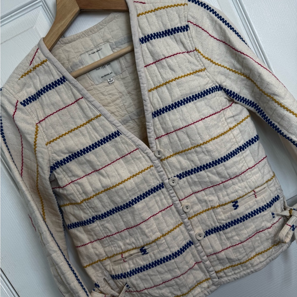 Madewell Quilted Side Tie Jacket XS Stripe Embroidered Cotton Coastal Boho - Picture 5 of 16